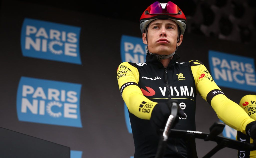 Team Visma-Lease a Bike&#039;s Danish rider Jonas Vingegaard reacts prior to the start of the 5th stage of the Paris-Nice cycling race, 203,3 km between Saint-Just-en-Chevalet and La CÃ´te-Saint-AndrÃ©, on March 13, 2025. (Photo by Anne-Christine POUJOULAT / AFP)