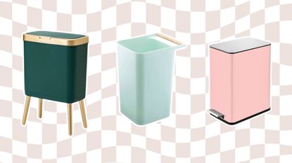 Best small trash cans on wavy checkerboard background, one dark green trash can, another light green and a pink one