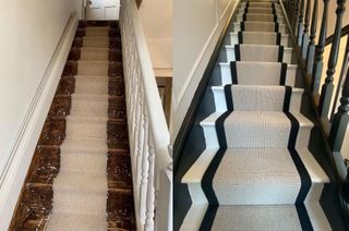 Before bare staircase with wood and after with beige runner over painted stairs