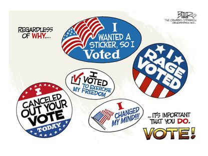 Political cartoon voter sticker midterm election