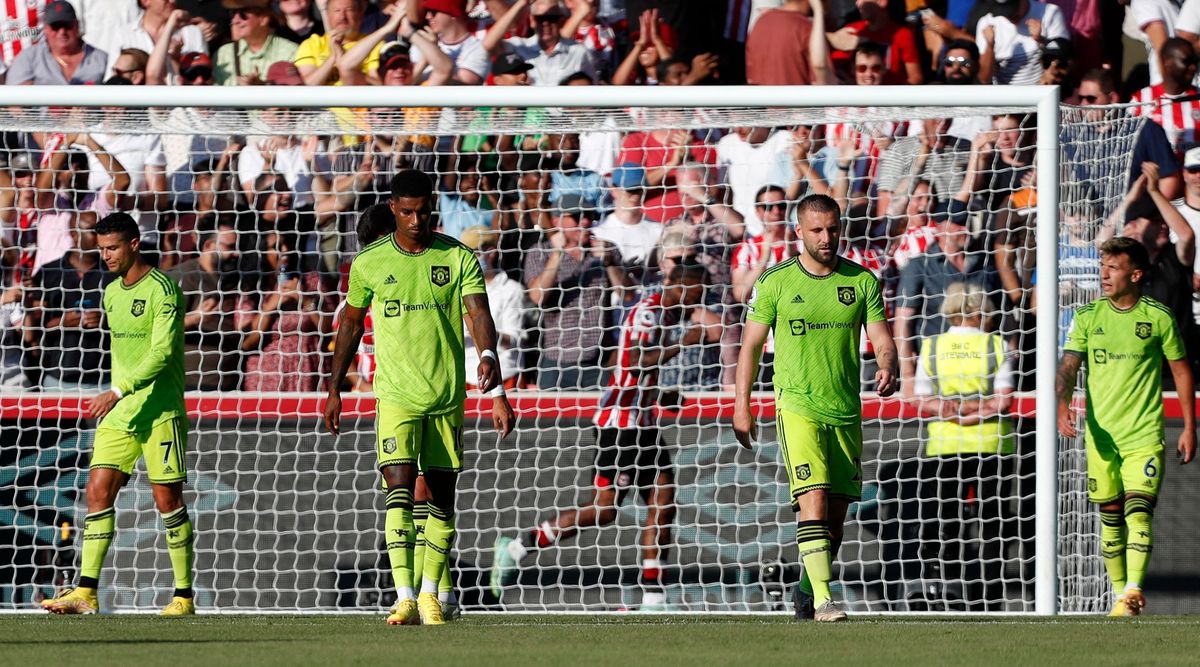 Manchester United&#039;s Portuguese striker Cristiano Ronaldo, Manchester United&#039;s English striker Marcus Rashford, Manchester United&#039;s English defender Luke Shaw and Manchester United&#039;s Argentinian defender Lisandro Martínez react to going three behind during the English Premier League football match between Brentford and Manchester United at Brentford Community Stadium in London on August 13, 2022