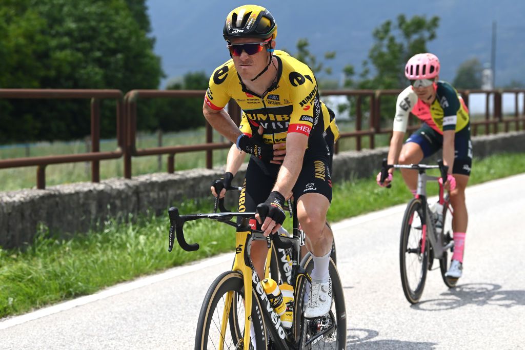 CAORLE ITALY MAY 24 Rohan Dennis of Australia and Team JumboVisma carries food during the the 106th Giro dItalia 2023 Stage 17 a 197km stage from Pergine Valsugana to Caorle UCIWT on May 24 2023 in Caorle Italy Photo by Tim de WaeleGetty Images