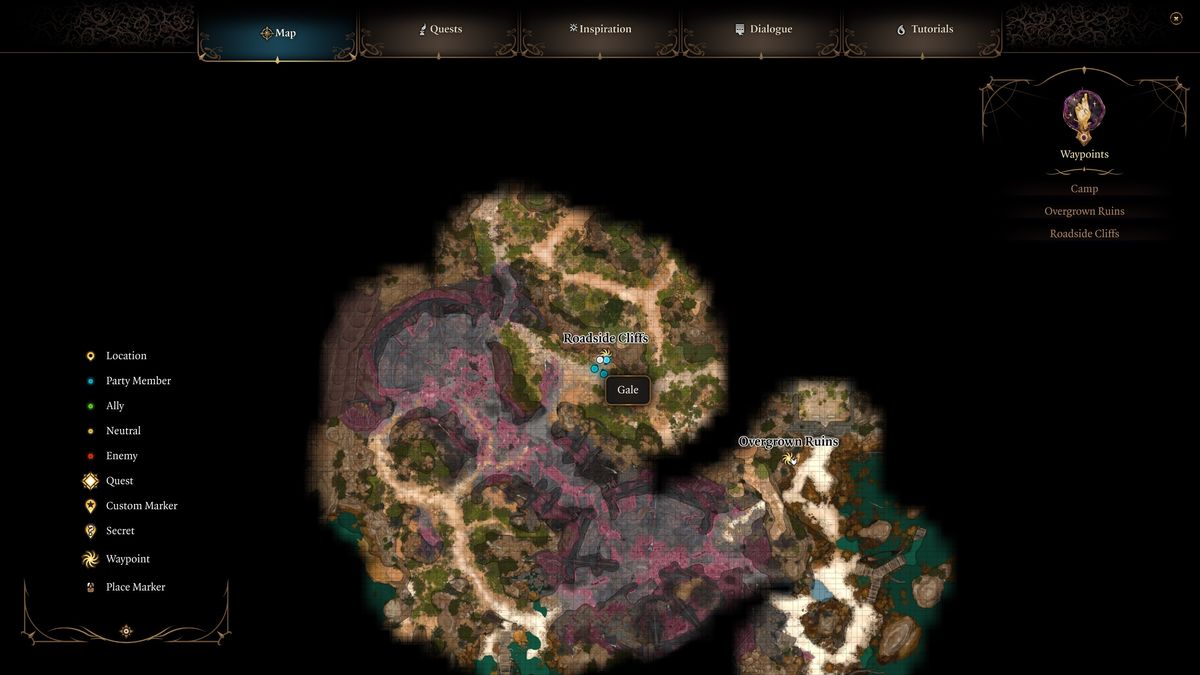 Baldur's Gate 3 - a map showing the player and Gale standing beside the roadside cliffs waypoint