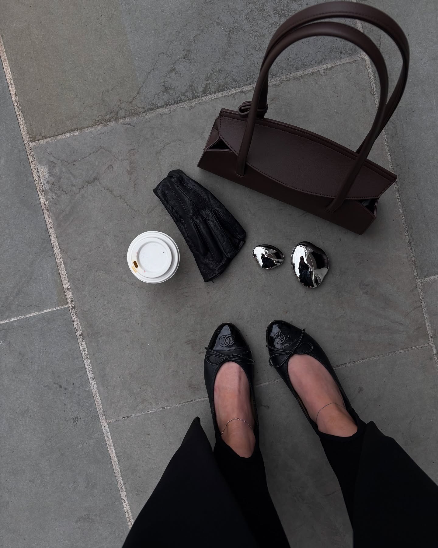 Image of chanel ballet flats, freja brown bag, coffee cup