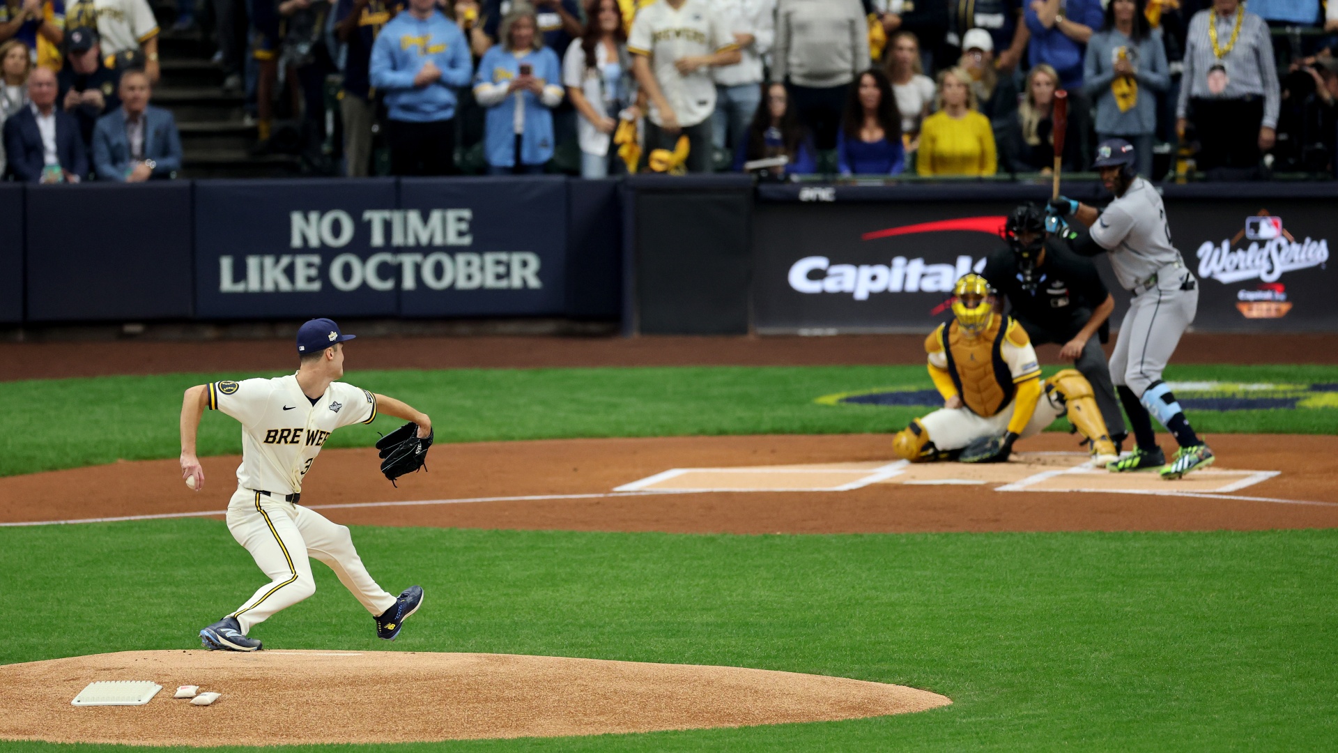 Jacob Misiorowski of the Milwaukee Brewers throws a pitch during the first inning against the Tampa Bay Rays in Game 1 of the 2026 MLB World Series at American Family Field on October 23, 2026 in Milwaukee, Wisconsin