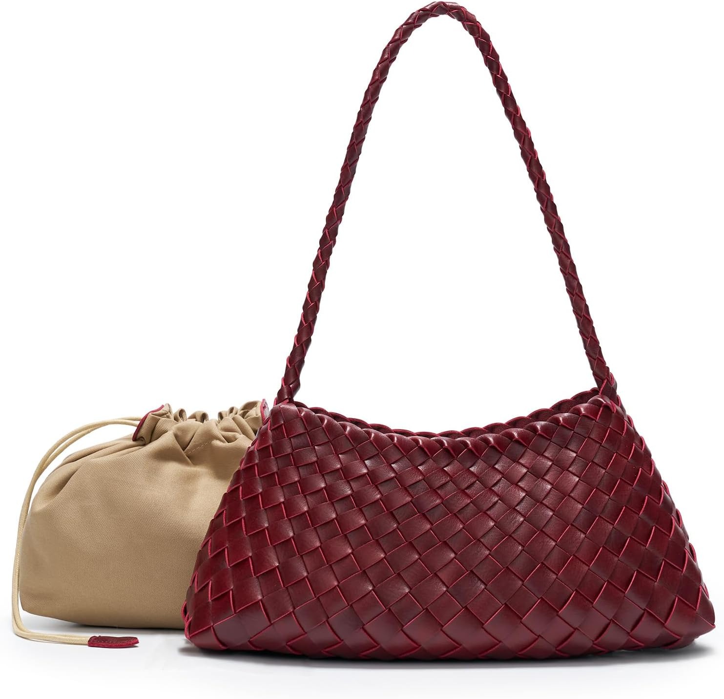 Woven Shoulder Bag for Women, Vegan Leather Hobo Purse With Drawstring Inner Pouch, Braided Strap Handbag, Burgundy