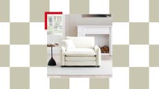 Checkered background with an image of a white oversized accent chair in a living room