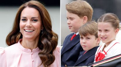 L-Catherine, Princess of Wales officially opens the Young V&A on June 28, 2023, R- Prince George, Prince Louis and Princess Charlotte ride in the carriage during Trooping the Colour on June 17, 2023 