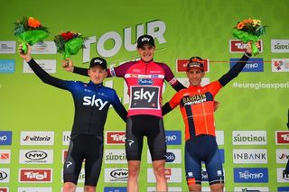 Tao Geoghegan Hart, Pavel Sivakov and Vincenzo Nibali on the final podium at Tour of the Alps