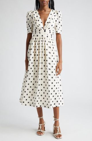 Polka Dot Pleated Linen Midi Dress