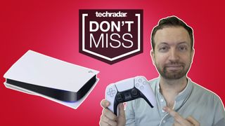 Matt Swider posing with a PS5 console in front of a red background