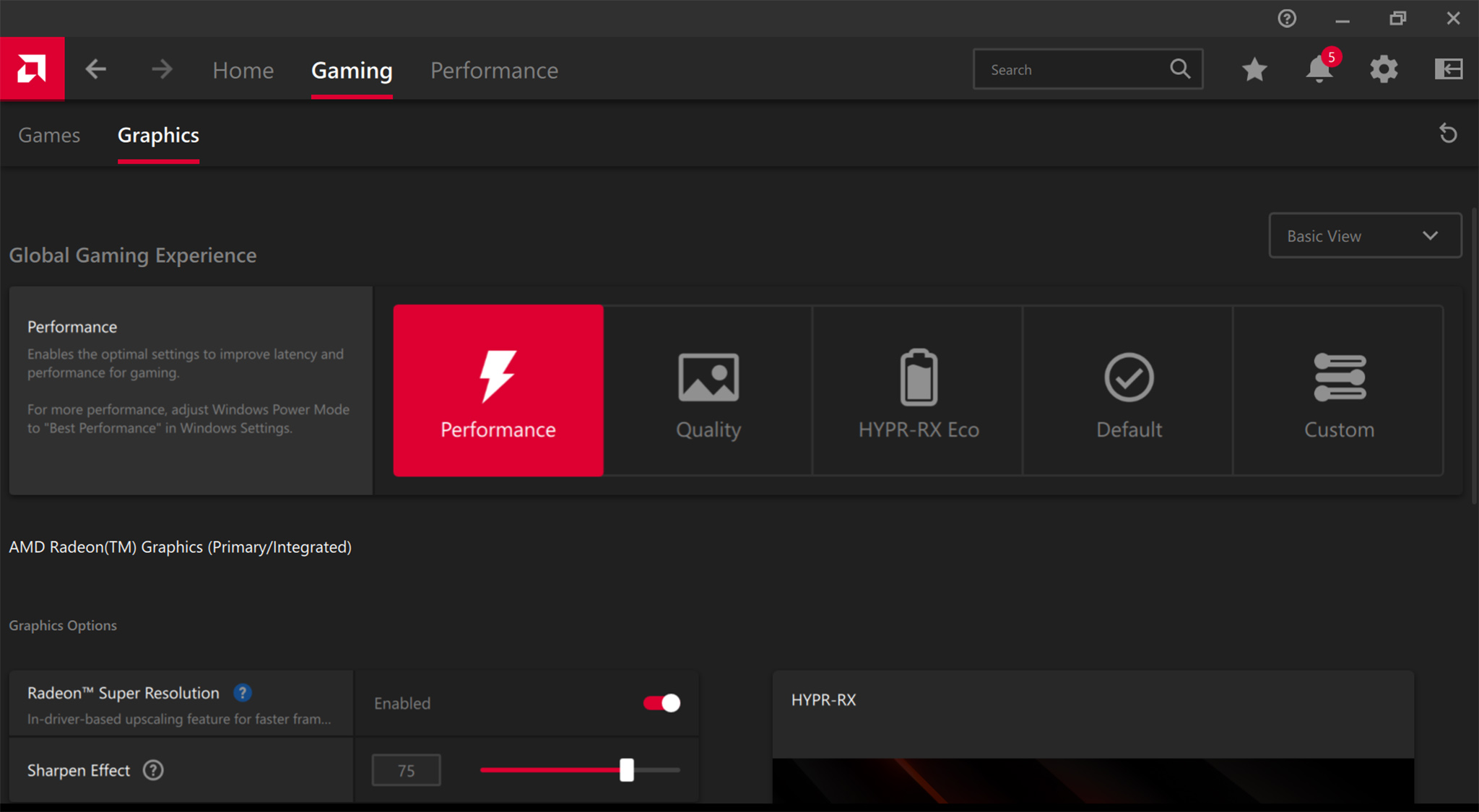 A screenshot of the Graphics tab in AMD Software taken on the Xbox Ally.