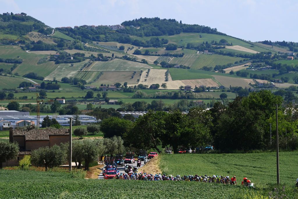 JESI ITALY MAY 17 A general view of the peloton competing during the 105th Giro dItalia 2022 Stage 10 a 196km stage from Pescara to Jesi 95m Giro WorldTour on May 17 2022 in Jesi Italy Photo by Tim de WaeleGetty Images