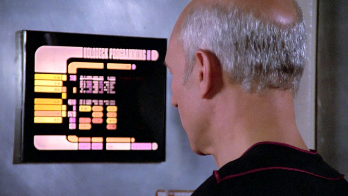 Patrick Stewart plays Captain Jean-Luc Picard as he is about to enter the holodeck in the Star Trek: The Next Generation episode,