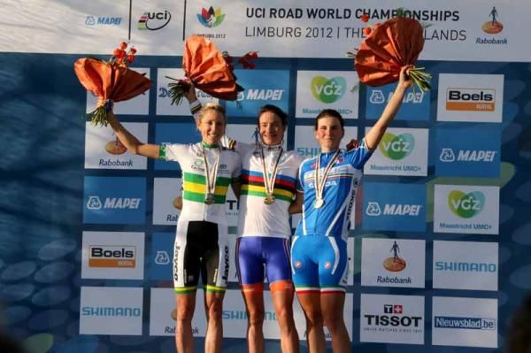 The women's road race podium: Neylan, Vos and Borghini