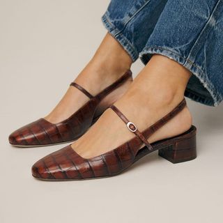 Maddox Slingback Heel on model, worn with jeans 