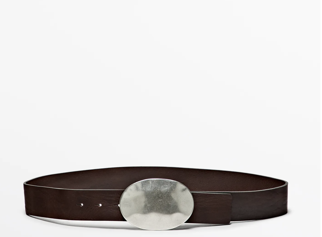 Massimo Dutti, Nappa Leather Texture Belt With Oval Buckle