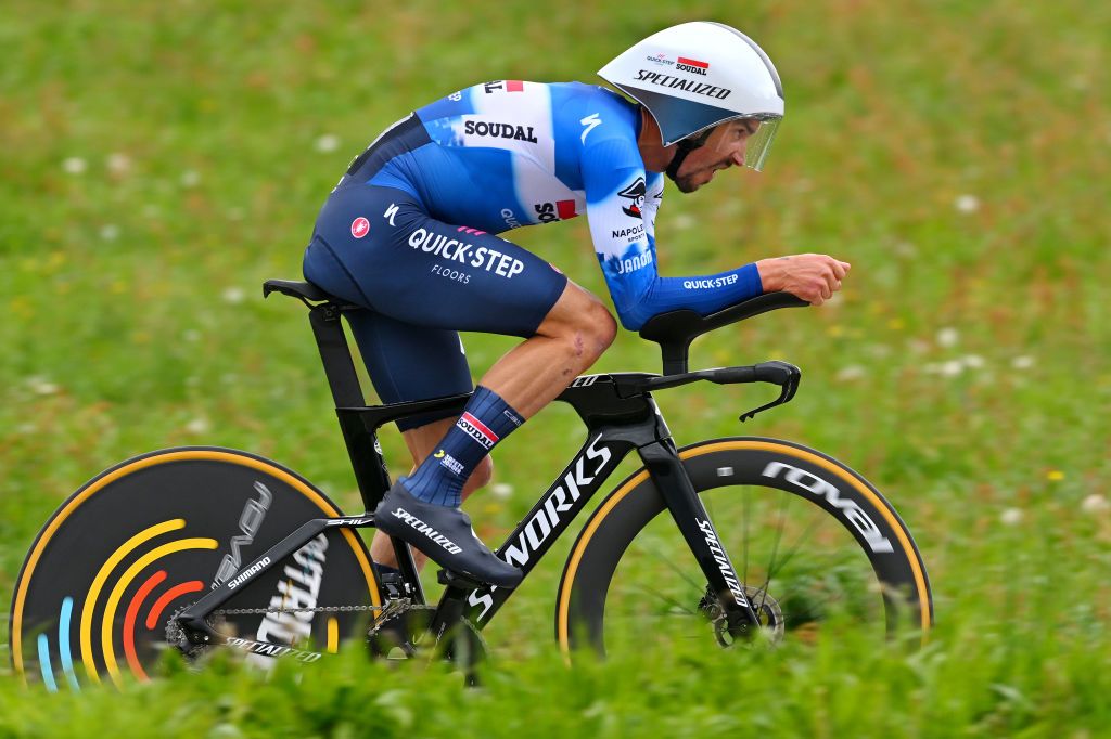 ORON SWITZERLAND APRIL 26 Julian Alaphilippe of France and Team Soudal QuickStep sprints during the 77th Tour De Romandie 2024 Stage 3 a 155km individual time trial from Oron to Oron UCIWT on April 26 2024 in Oron Switzerland Photo by Luc ClaessenGetty Images