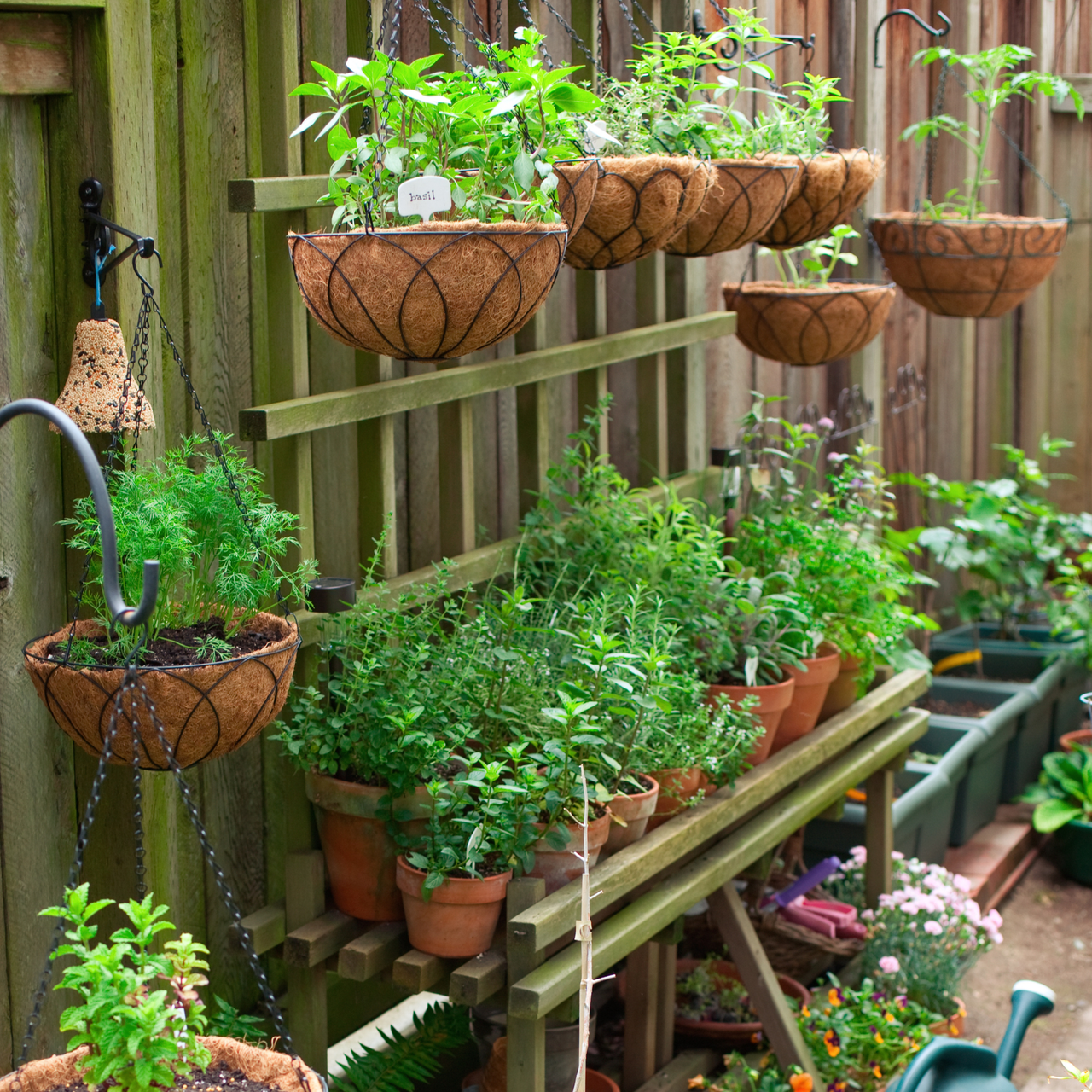 Container gardening is a way for people living in urban areas to enjoy the benefits of gardening. Shown here is an example of an herb and vegetable garden using hanging baskets.