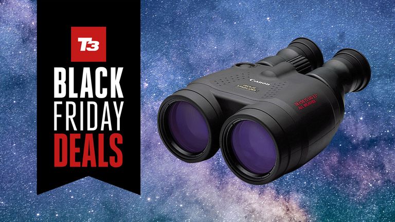 Canon 18x50 IS All Weather binoculars with Black Friday deals flag overlaid