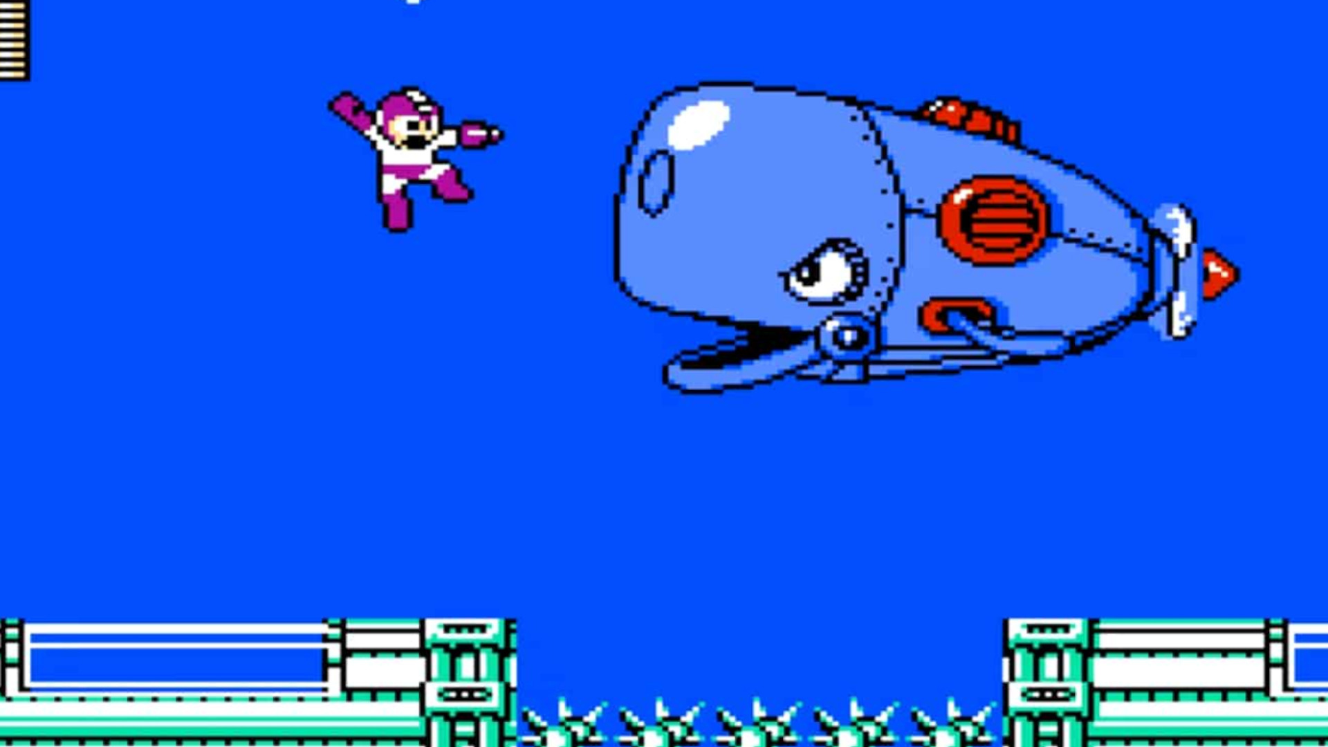 Best NES games: Mega Man screaming underwater while looking at a robot whale during Mega Man 2