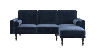 A blue velvet chaise sectional sleeper
