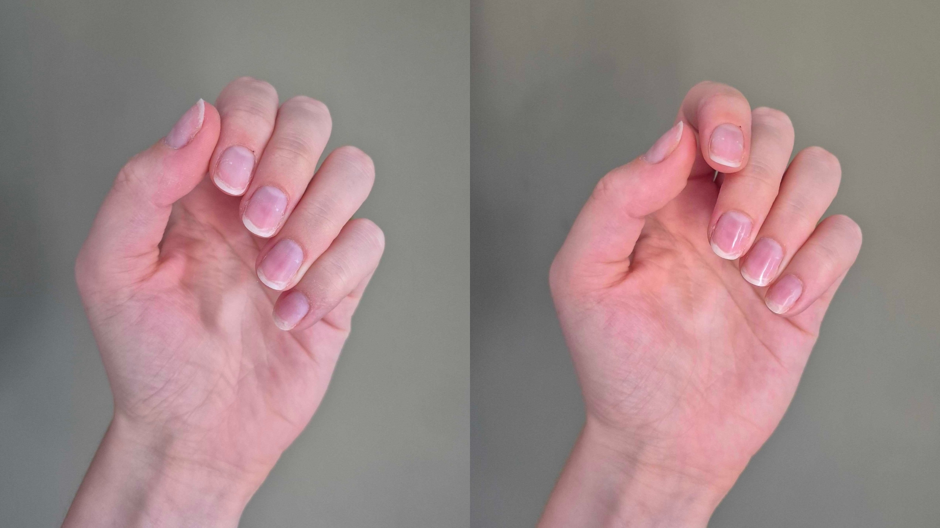A before and after picture of Digital Beauty Writer, Naomi Jamieson's nails ahead of using the Manucurist Glossy Booster Duo and directly afterwards - both taken in natural lighting.