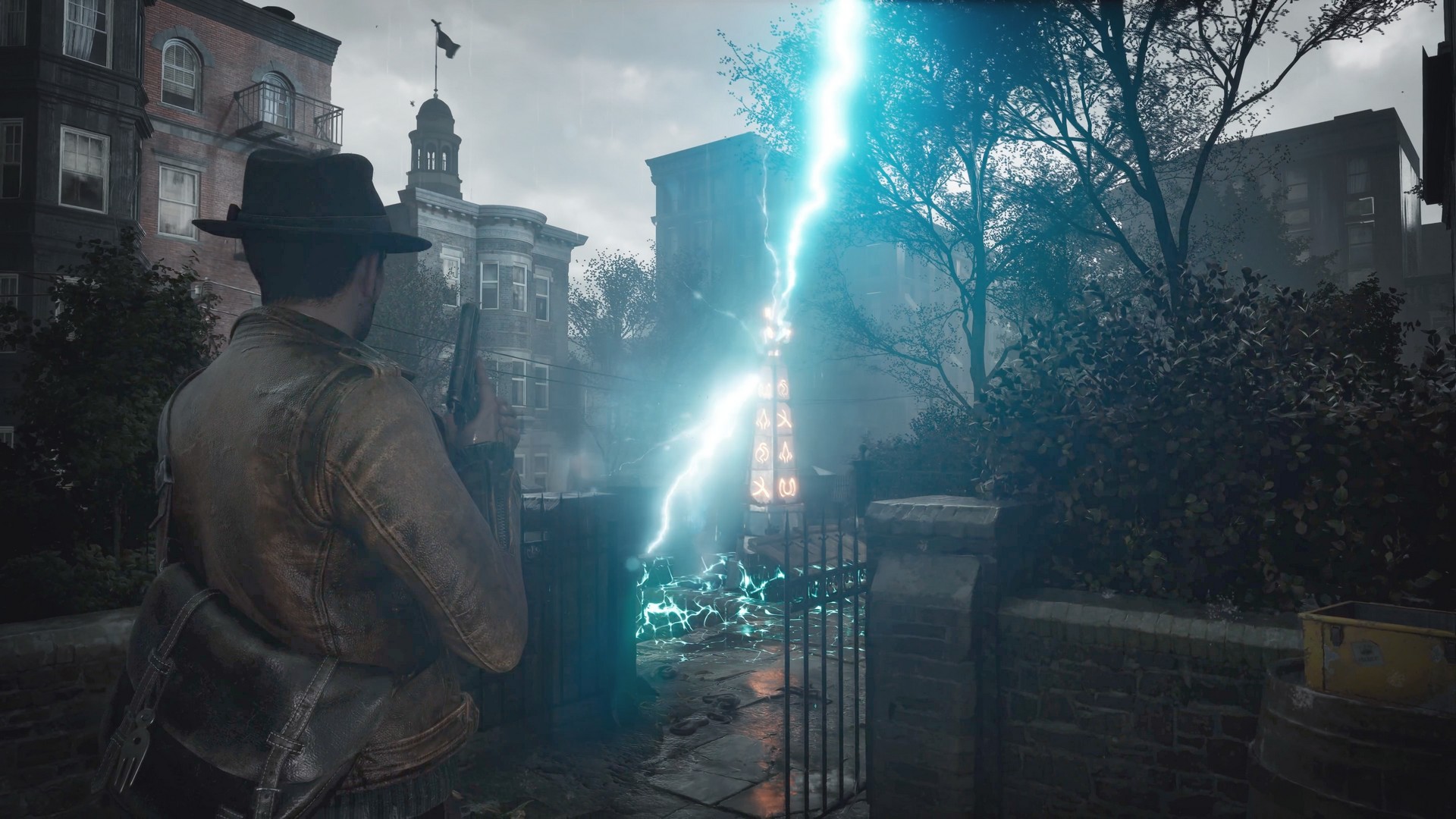 Lightning strikes a glowing obelisk behind a church in The Sinking City 2