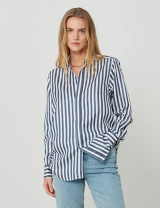 With nothing underneath, The Boyfriend: Tencel, navy blue stripes