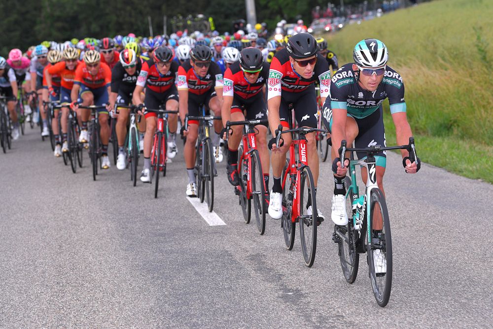 Maciej Bodnar (Bora - Hansgrohe) leads the bunch during stage 3 at Tour de Suisse