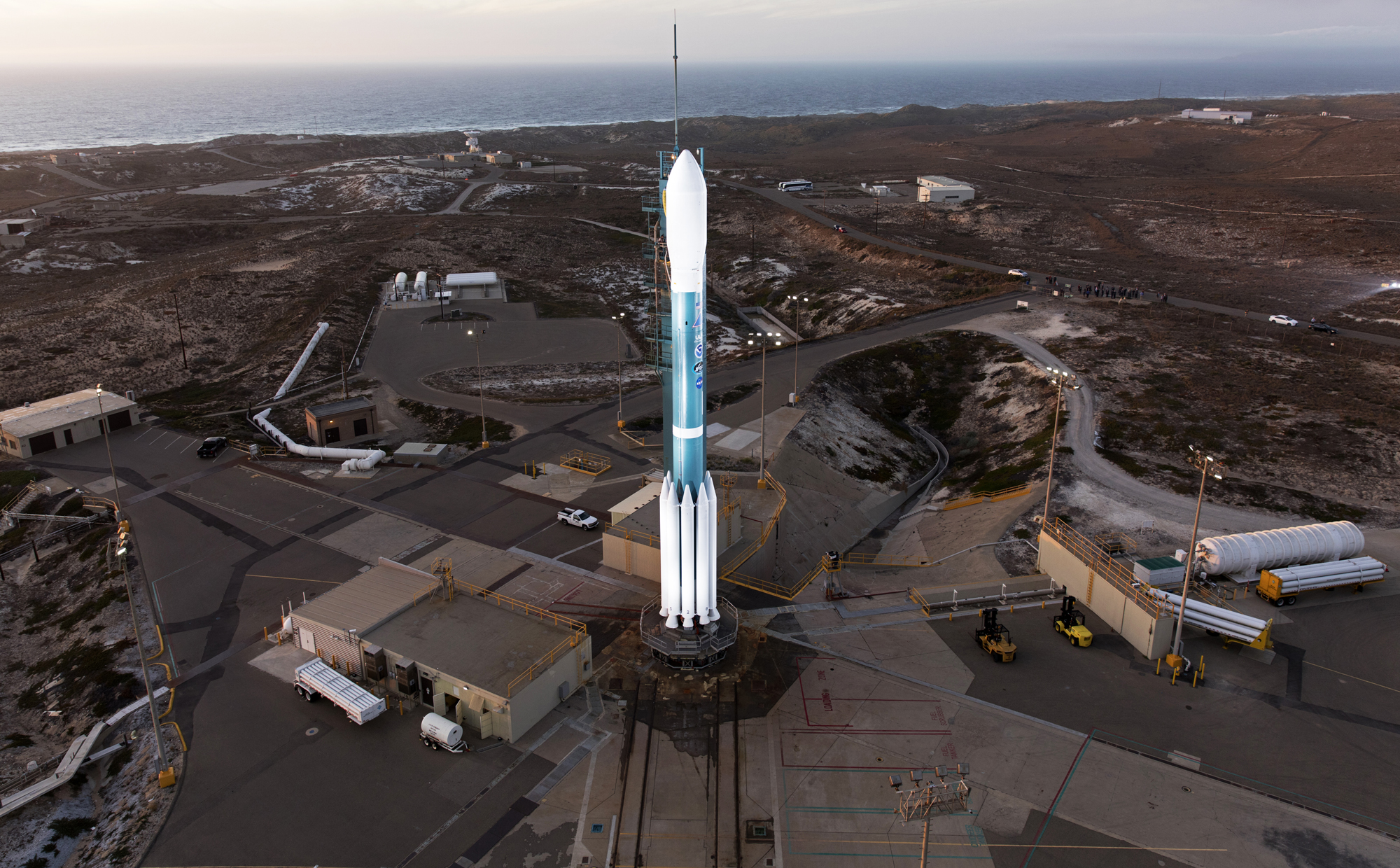 The United Launch Alliance Delta II rocket carrying the Joint Polar Satellite System 1 weather satellite stands atop its launchpad at Vandenberg Air Force Base in California. The satellite will launch Nov. 18, 2017.