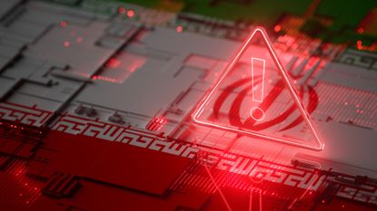 A stylized image showing a glowing red cyber attack warning on top of a reflective metal surface bearing the flag of Iran.