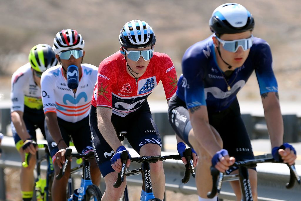 YITTI HILLS OMAN FEBRUARY 14 Matteo Jorgenson of The United States and Movistar Team Red Leader Jersey competes during the 12th Tour of Oman 2023 Stage 4 a 2049km stage from Izki to Yitti Hills 147m TourofOman on February 14 2023 in Yitti Hills Oman Photo by Alex BroadwayGetty Images