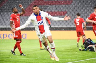 Kylian Mbappe celebrating his goal against Bayern Munich