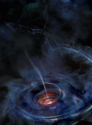 In this artist's rendering, a disk of material has formed around a supermassive black hole after a star was shredded by the cosmic beast. The material heats up as it falls toward the black hole, and flashes of X-ray light near the center of the disk resu