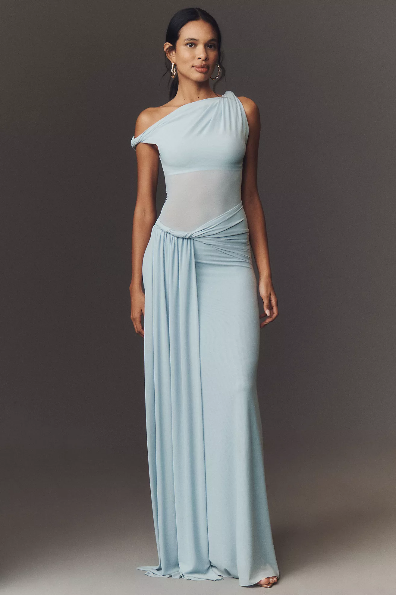 Misha Sisal One-Shoulder Twist Mesh Maxi Dress
