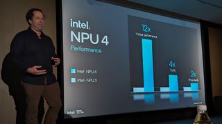 Darren Crews speaks about Lunar Lake NPU 4 on stage for Intel