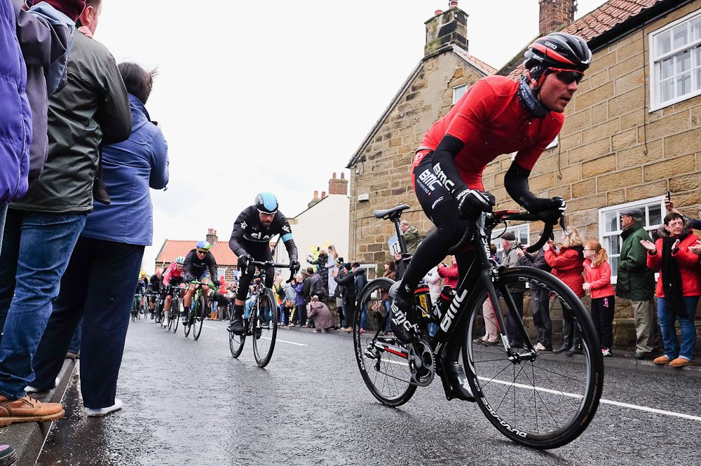 Lead riders pass through Great Ayton during stage three of the Tour de Yorkshire