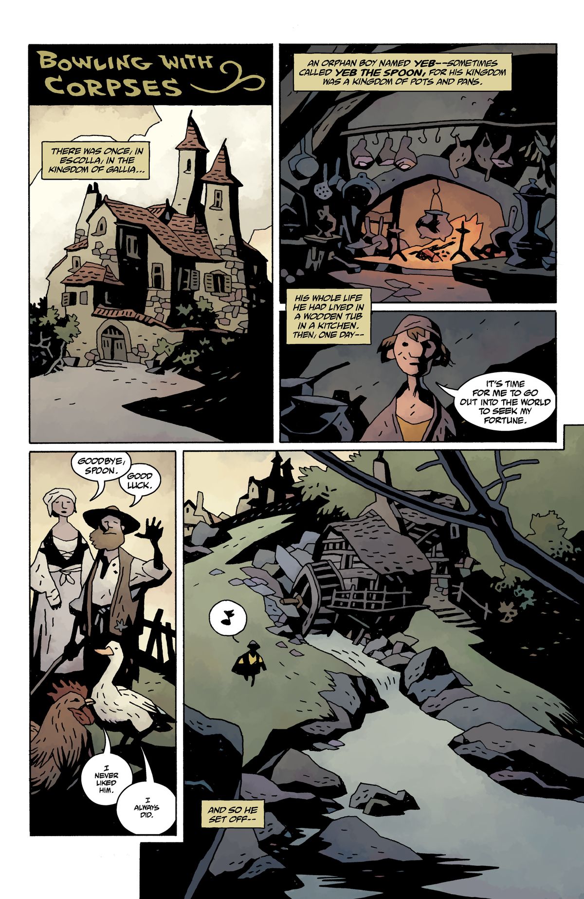 Mike Mignola, Bowling With Corpses; pages from a comic book with zombies and vampires