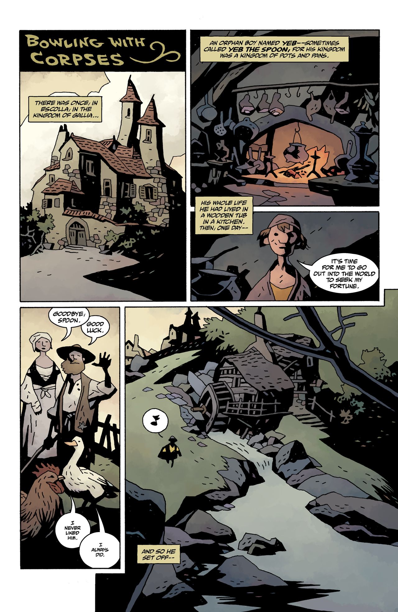 Mike Mignola, Bowling With Corpses; pages from a comic book with zombies and vampires