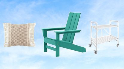 Outdoor furniture including a boho pillow Adirondack chair and bar cart