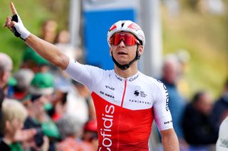 MANOSQUE FRANCE FEBRUARY 12 Bryan Coquard of France and Team Cofidis celebrates winning during the 6th Tour de La Provence 2022 Stage 2 a 1806km stage from Arles to Manosque 417m TDLP22 on February 12 2022 in Manosque France Photo by Luc ClaessenGetty Images