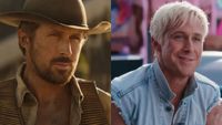 Ryan Gosling looking stern as a cowboy in The Fall Guy/Ryan Gosling smiling as Ken in Barbie