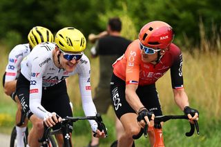 SAINT VULBAS FRANCE JULY 03 LR Pavel Sivakov of France and UAE Team Emirates and Geraint Thomas of The United Kingdom and Team INEOS Grenadiers compete during the 111th Tour de France 2024 Stage 5 a 1774km stage from SaintJeandeMaurienne to Saint Vulbas UCIWT on July 03 2024 in Saint Vulbas France Photo by Tim de WaeleGetty Images