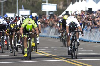 Wouter Wippert (Cannondale) and Peter Sagan (Tinkoff) throw their bikes over the line