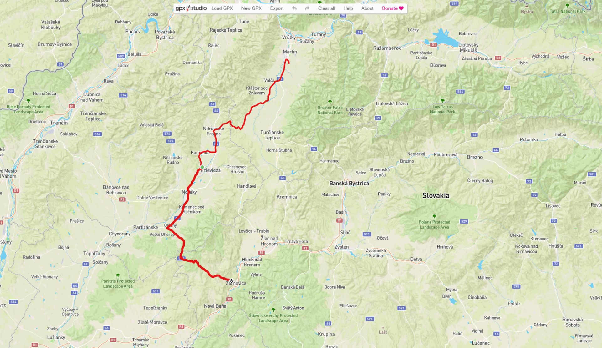 Image shows the route on day 8 from Martin to Žarnovica