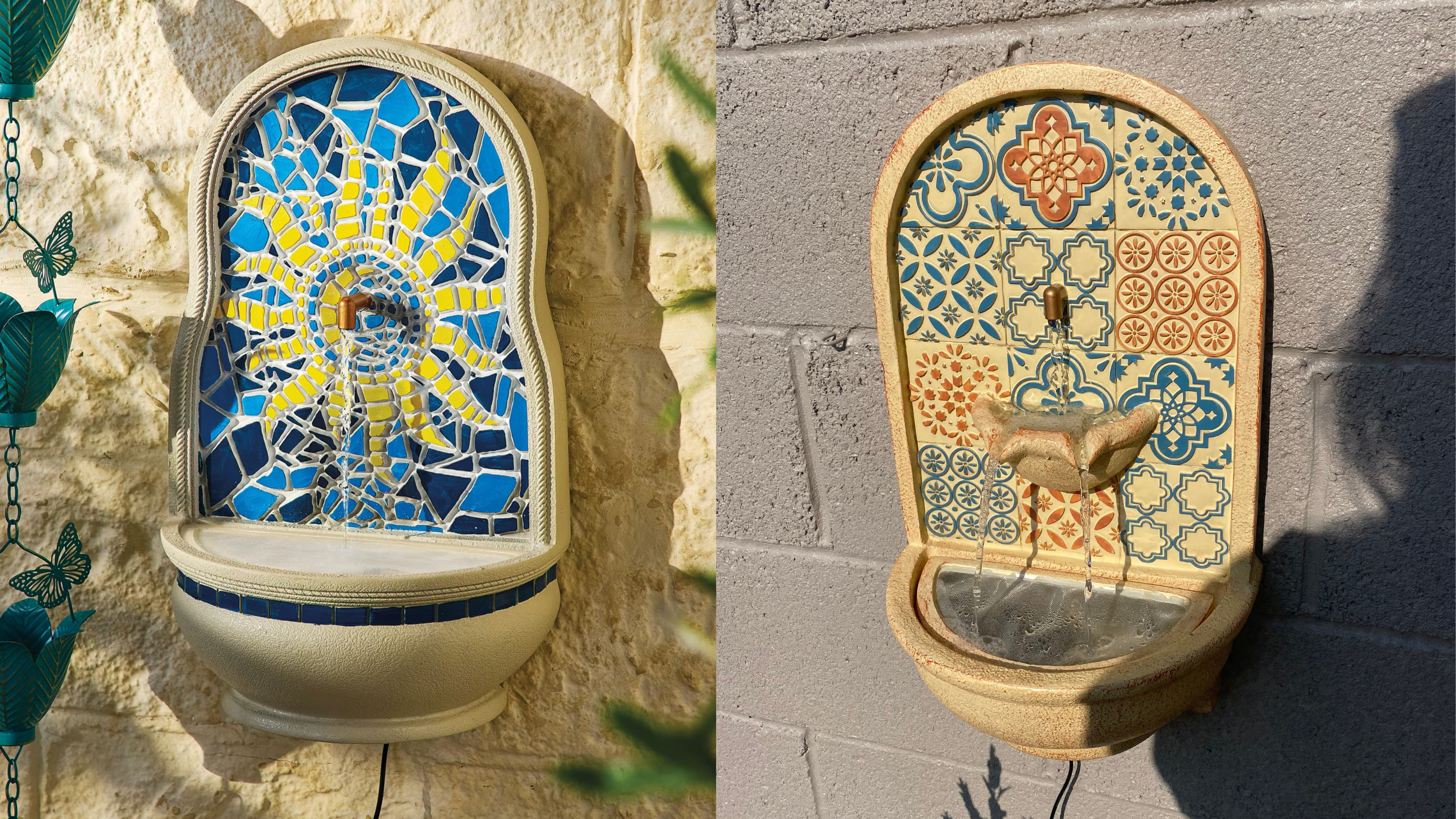 Aldi press photo of water fountain next to shot of fountain by Ideal Home team meamber.