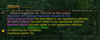 A chat log in World of Warcraft showing a character receiving multiple transmog rewards.