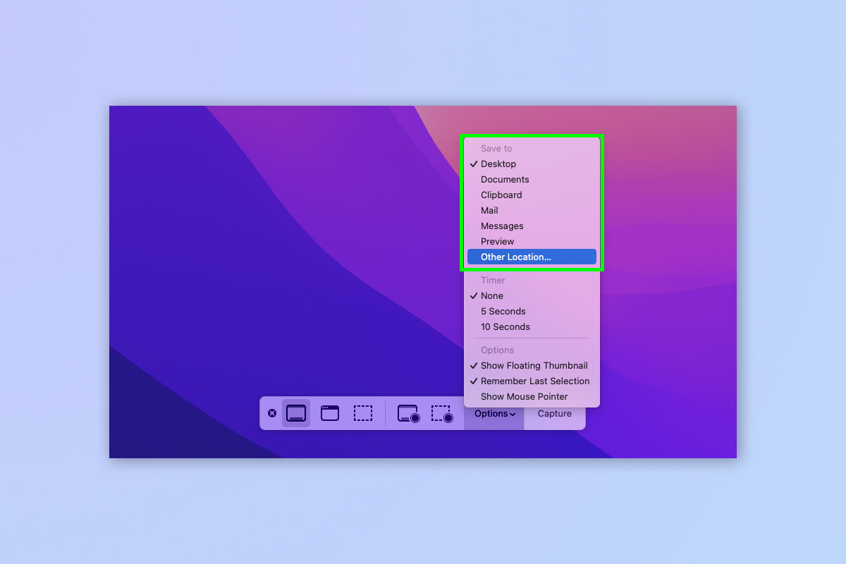 Снимок экрана, показывающий, как изменить местоположение снимка экрана на Mac