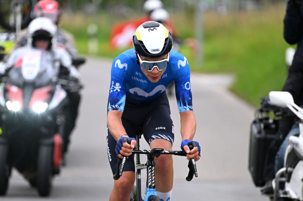 RUSCHLIKON SWITZERLAND JUNE 11 Johan Jacobs of of Switzerland and Movistar Team competes in the breakaway during the 87th Tour de Suisse 2024 Stage 3 a 1617m stage from Steinmaur to Ruschlikon UCIWT on June 11 2024 in Ruschlikon Switzerland Photo by Tim de WaeleGetty Images